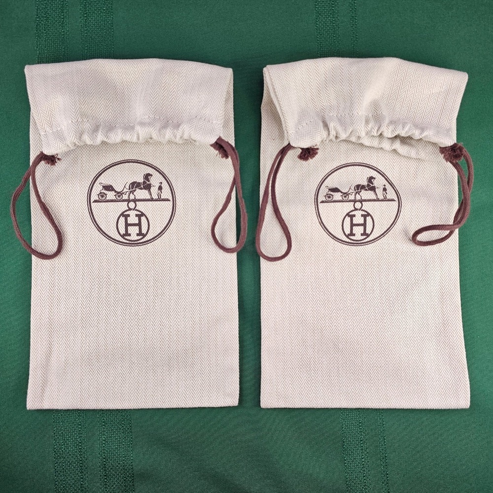 2 Hermès‎ Dust Bags Pouches Beige Paris Herringbone Drawstring Storage 14x6.5